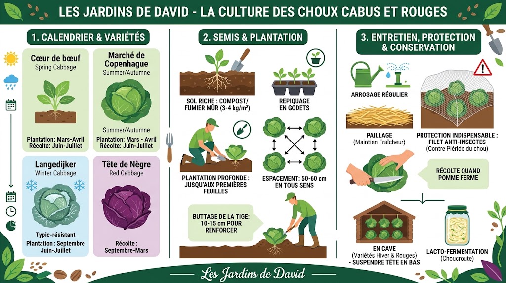 Culture des choux cabus verts et des choux rouges au potager