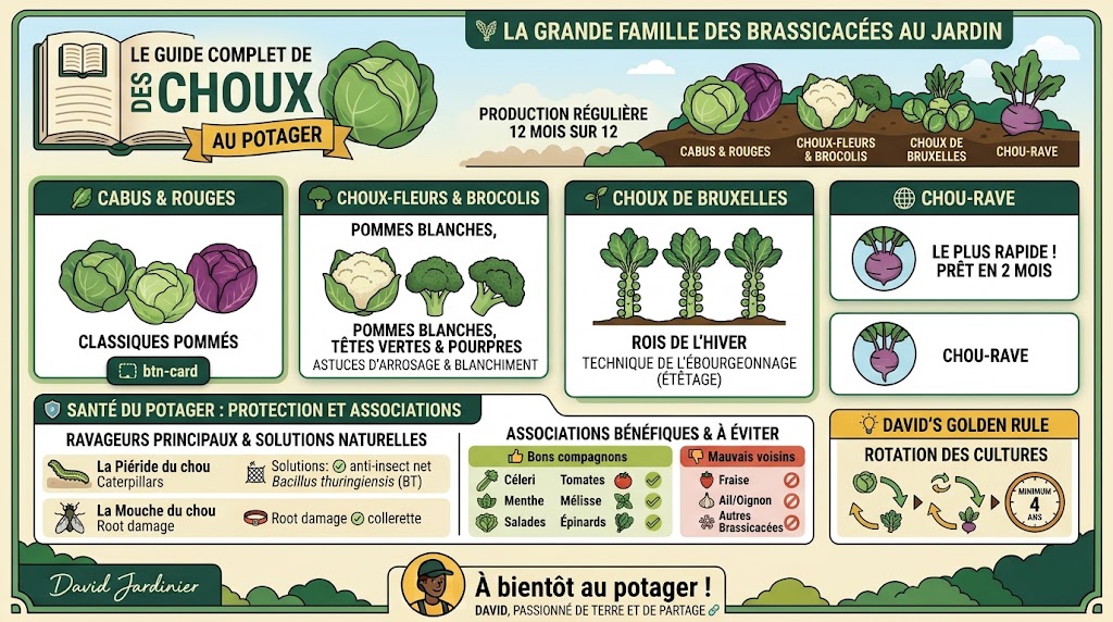 La diversité des choux au potager : cabus, brocolis, choux-fleurs et choux de Bruxelles