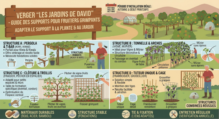 Exemple de pergola et structure en T-Bar pour le palissage des kiwis et de la vigne